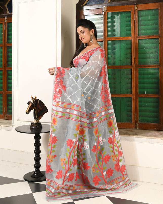 dB DESH BIDESH Women's Jamdani Sarees For Women for Party Festival Wear Kusumlata Design Soft Cotton Linen saree for woman Without Blouse piece (Grey Red)