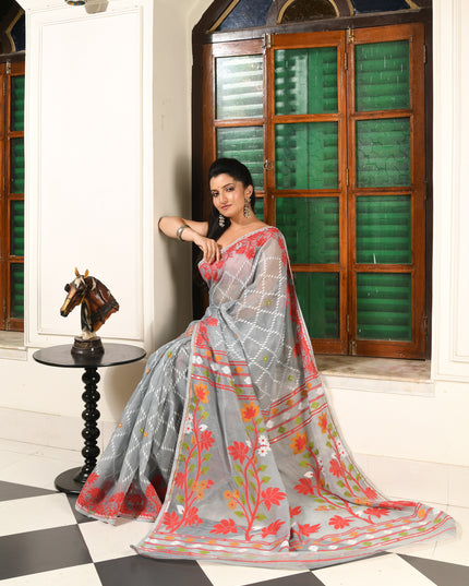 dB DESH BIDESH Women's Jamdani Sarees For Women for Party Festival Wear Kusumlata Design Soft Cotton Linen saree for woman Without Blouse piece (Grey Red)