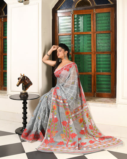 dB DESH BIDESH Women's Jamdani Sarees For Women for Party Festival Wear Kusumlata Design Soft Cotton Linen saree for woman Without Blouse piece (Grey Red)