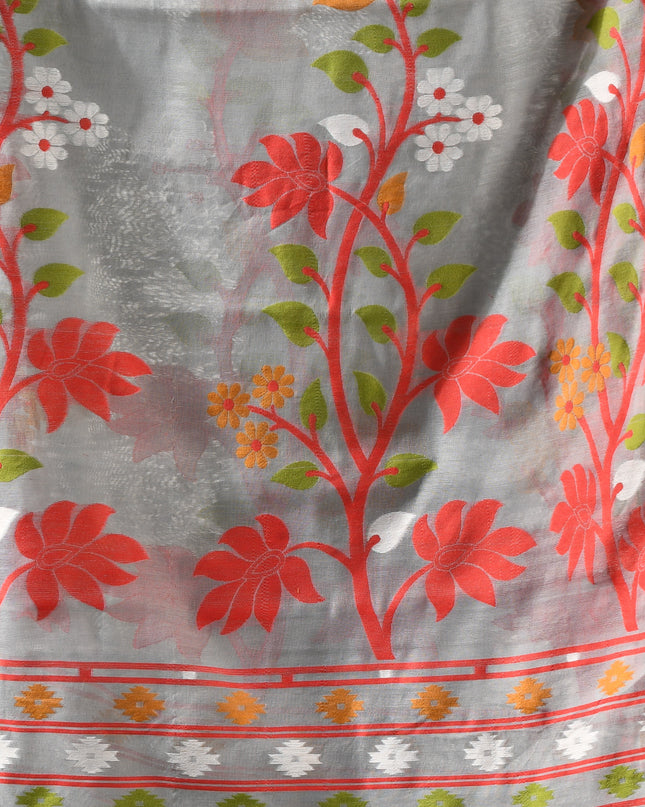 dB DESH BIDESH Women's Jamdani Sarees For Women for Party Festival Wear Kusumlata Design Soft Cotton Linen saree for woman Without Blouse piece (Grey Red)