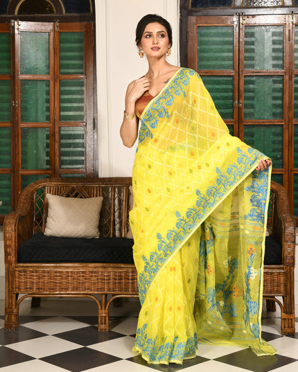 dB DESH BIDESH Women's Jamdani Sarees For Women for Party Festival Wear Kusumlata Design Soft Cotton Linen saree for woman Without Blouse piece (Yellow Blue)