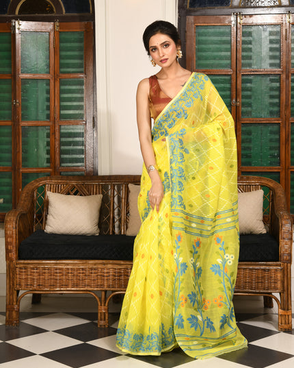dB DESH BIDESH Women's Jamdani Sarees For Women for Party Festival Wear Kusumlata Design Soft Cotton Linen saree for woman Without Blouse piece (Yellow Blue)