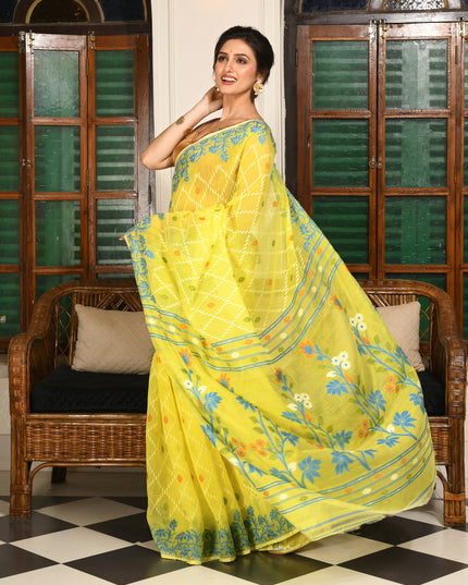 dB DESH BIDESH Women's Jamdani Sarees For Women for Party Festival Wear Kusumlata Design Soft Cotton Linen saree for woman Without Blouse piece (Yellow Blue)