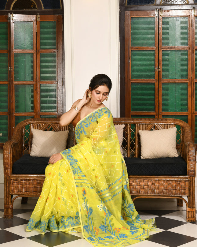 dB DESH BIDESH Women's Jamdani Sarees For Women for Party Festival Wear Kusumlata Design Soft Cotton Linen saree for woman Without Blouse piece (Yellow Blue)