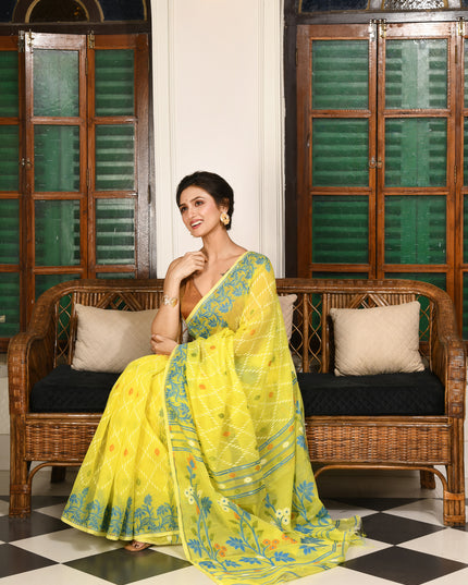 dB DESH BIDESH Women's Jamdani Sarees For Women for Party Festival Wear Kusumlata Design Soft Cotton Linen saree for woman Without Blouse piece (Yellow Blue)