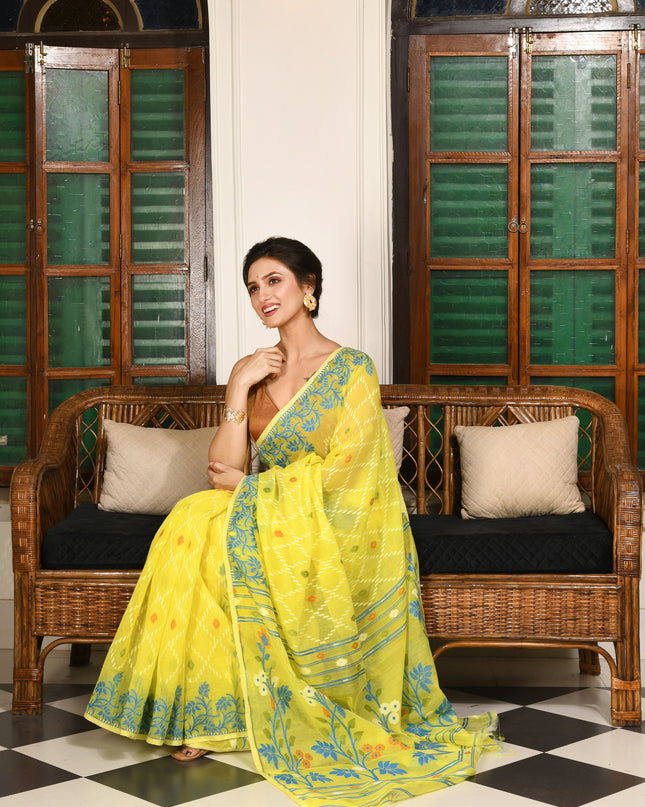 dB DESH BIDESH Women's Jamdani Sarees For Women for Party Festival Wear Kusumlata Design Soft Cotton Linen saree for woman Without Blouse piece (Yellow Blue)