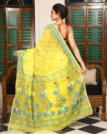 dB DESH BIDESH Women's Jamdani Sarees For Women for Party Festival Wear Kusumlata Design Soft Cotton Linen saree for woman Without Blouse piece (Yellow Blue)
