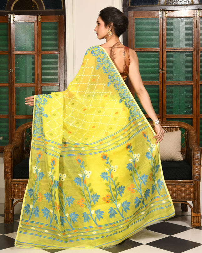 dB DESH BIDESH Women's Jamdani Sarees For Women for Party Festival Wear Kusumlata Design Soft Cotton Linen saree for woman Without Blouse piece (Yellow Blue)