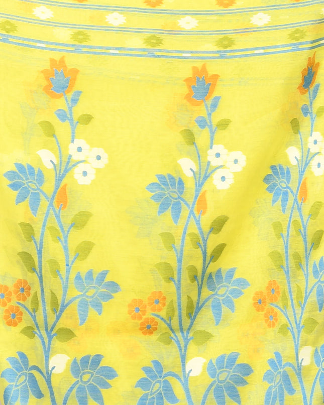 dB DESH BIDESH Women's Jamdani Sarees For Women for Party Festival Wear Kusumlata Design Soft Cotton Linen saree for woman Without Blouse piece (Yellow Blue)