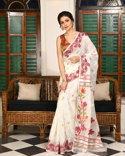 dB DESH BIDESH Women's Jamdani Sarees For Women for Party Festival Wear Kusumlata Design Soft Cotton Linen saree for woman Without Blouse piece (White Maroon)
