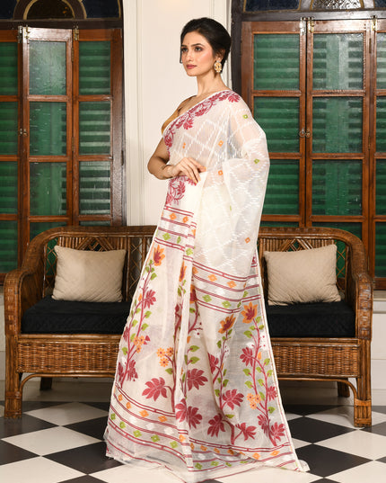 dB DESH BIDESH Women's Jamdani Sarees For Women for Party Festival Wear Kusumlata Design Soft Cotton Linen saree for woman Without Blouse piece (White Maroon)