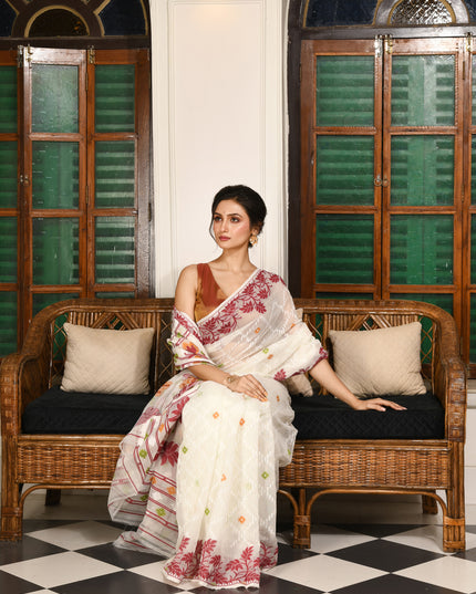 dB DESH BIDESH Women's Jamdani Sarees For Women for Party Festival Wear Kusumlata Design Soft Cotton Linen saree for woman Without Blouse piece (White Maroon)