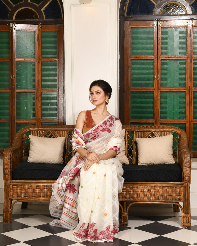 dB DESH BIDESH Women's Jamdani Sarees For Women for Party Festival Wear Kusumlata Design Soft Cotton Linen saree for woman Without Blouse piece (White Maroon)
