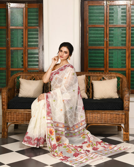 dB DESH BIDESH Women's Jamdani Sarees For Women for Party Festival Wear Kusumlata Design Soft Cotton Linen saree for woman Without Blouse piece (White Maroon)