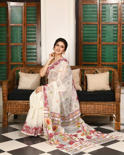 dB DESH BIDESH Women's Jamdani Sarees For Women for Party Festival Wear Kusumlata Design Soft Cotton Linen saree for woman Without Blouse piece (White Maroon)