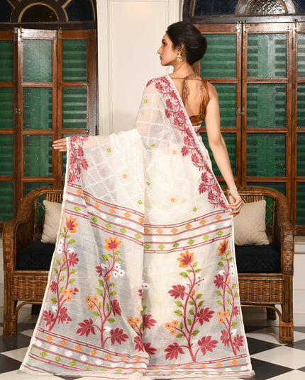 dB DESH BIDESH Women's Jamdani Sarees For Women for Party Festival Wear Kusumlata Design Soft Cotton Linen saree for woman Without Blouse piece (White Maroon)
