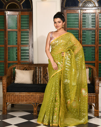 dB DESH BIDESH Women's Soft Cotton Silk Jamdani Sarees For Women for Party Festival Wedding Silk Saree GlamQueen Gold Work Design Without Blouse piece (Olive Green)