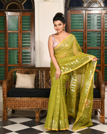 dB DESH BIDESH Women's Soft Cotton Silk Jamdani Sarees For Women for Party Festival Wedding Silk Saree GlamQueen Gold Work Design Without Blouse piece (Olive Green)
