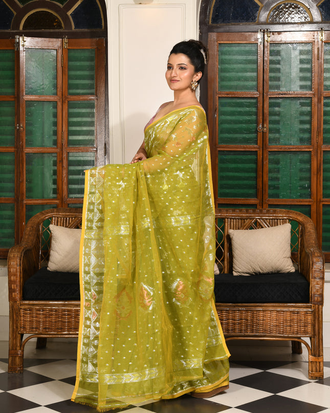 dB DESH BIDESH Women's Soft Cotton Silk Jamdani Sarees For Women for Party Festival Wedding Silk Saree GlamQueen Gold Work Design Without Blouse piece (Olive Green)