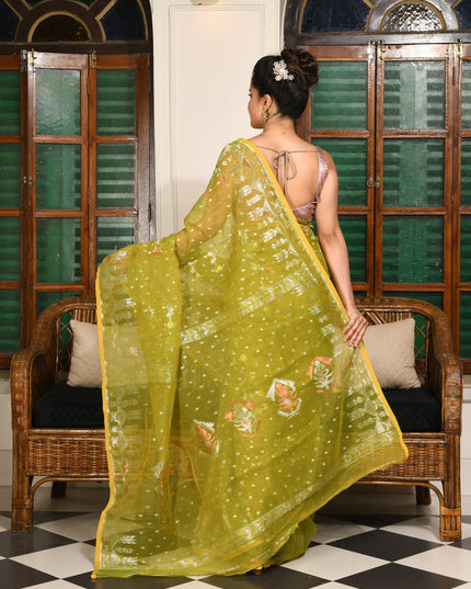dB DESH BIDESH Women's Soft Cotton Silk Jamdani Sarees For Women for Party Festival Wedding Silk Saree GlamQueen Gold Work Design Without Blouse piece (Olive Green)