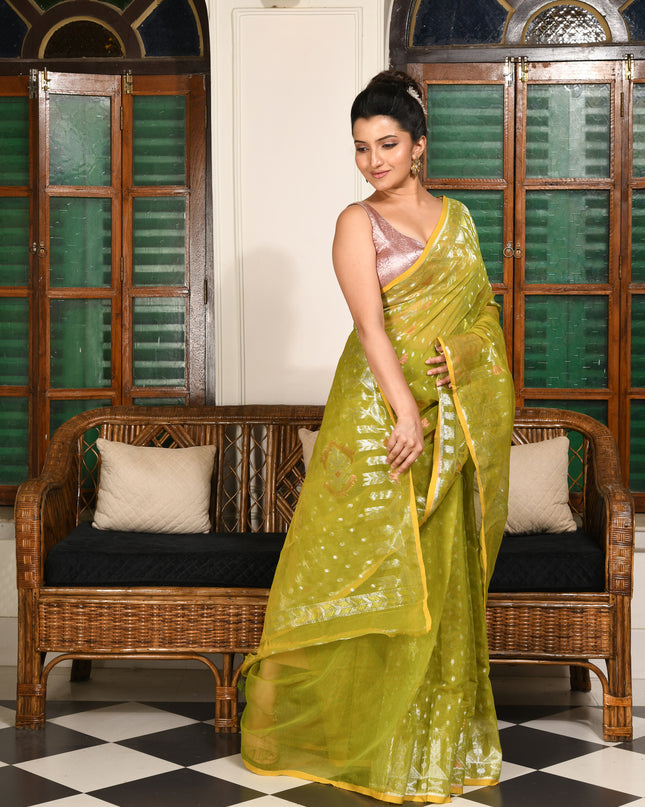 dB DESH BIDESH Women's Soft Cotton Silk Jamdani Sarees For Women for Party Festival Wedding Silk Saree GlamQueen Gold Work Design Without Blouse piece (Olive Green)