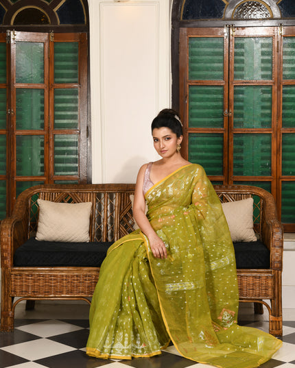 dB DESH BIDESH Women's Soft Cotton Silk Jamdani Sarees For Women for Party Festival Wedding Silk Saree GlamQueen Gold Work Design Without Blouse piece (Olive Green)