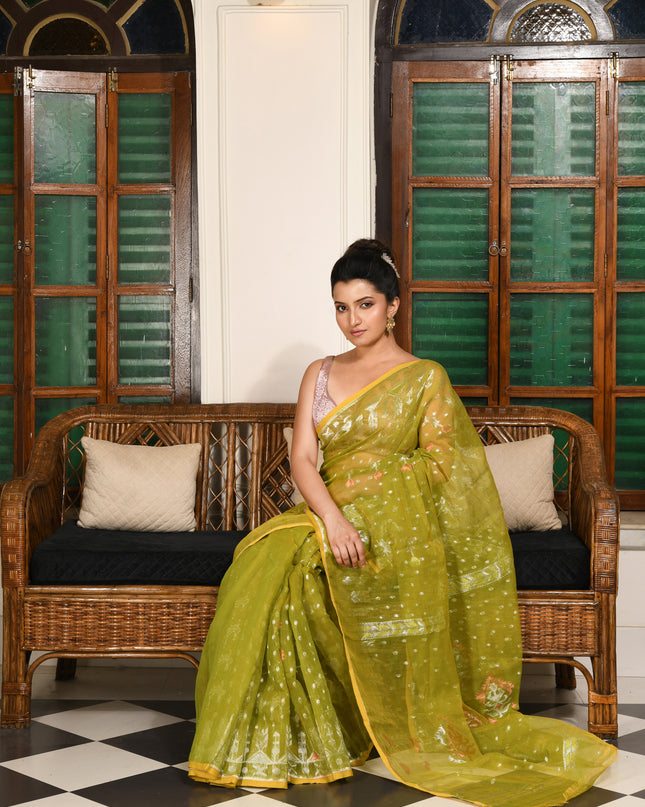 dB DESH BIDESH Women's Soft Cotton Silk Jamdani Sarees For Women for Party Festival Wedding Silk Saree GlamQueen Gold Work Design Without Blouse piece (Olive Green)
