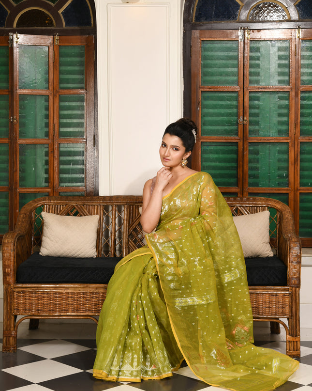 dB DESH BIDESH Women's Soft Cotton Silk Jamdani Sarees For Women for Party Festival Wedding Silk Saree GlamQueen Gold Work Design Without Blouse piece (Olive Green)
