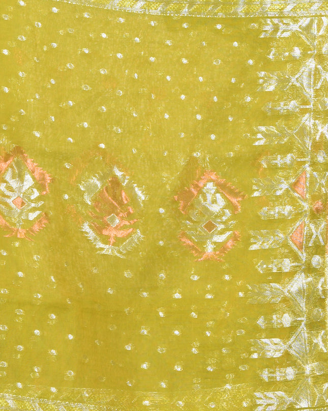 dB DESH BIDESH Women's Soft Cotton Silk Jamdani Sarees For Women for Party Festival Wedding Silk Saree GlamQueen Gold Work Design Without Blouse piece (Olive Green)
