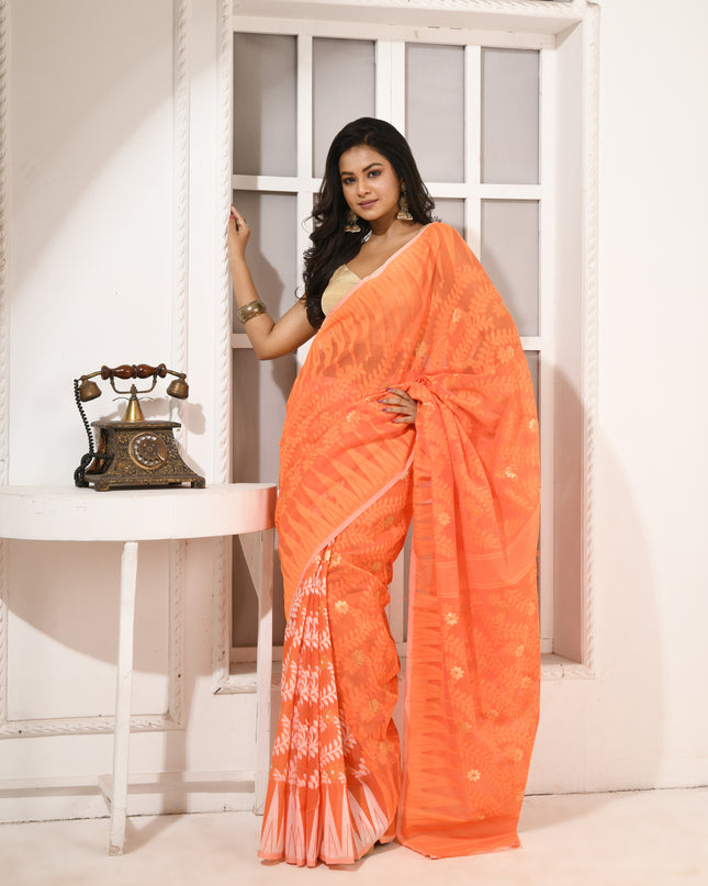 dB DESH BIDESH Women's Traditional Bengal Soft Cotton Silk Jamdani Sarees For Women Tentullata Design Cotton saree for woman Without Blouse piece | Ethnic Wear Sari (Orange White)