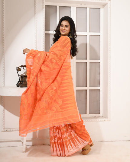 dB DESH BIDESH Women's Traditional Bengal Soft Cotton Silk Jamdani Sarees For Women Tentullata Design Cotton saree for woman Without Blouse piece | Ethnic Wear Sari (Orange White)