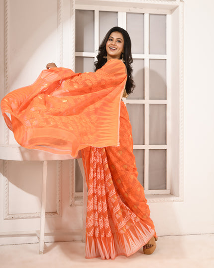 dB DESH BIDESH Women's Traditional Bengal Soft Cotton Silk Jamdani Sarees For Women Tentullata Design Cotton saree for woman Without Blouse piece | Ethnic Wear Sari (Orange White)