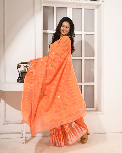 dB DESH BIDESH Women's Traditional Bengal Soft Cotton Silk Jamdani Sarees For Women Tentullata Design Cotton saree for woman Without Blouse piece | Ethnic Wear Sari (Orange White)