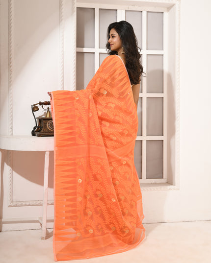 dB DESH BIDESH Women's Traditional Bengal Soft Cotton Silk Jamdani Sarees For Women Tentullata Design Cotton saree for woman Without Blouse piece | Ethnic Wear Sari (Orange White)