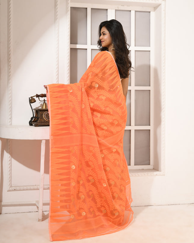 dB DESH BIDESH Women's Traditional Bengal Soft Cotton Silk Jamdani Sarees For Women Tentullata Design Cotton saree for woman Without Blouse piece | Ethnic Wear Sari (Orange White)