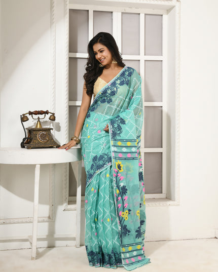 dB DESH BIDESH Women's Jamdani Sarees For Women for Party Festival Wear Kusumlata Design Soft Cotton Linen saree for woman Without Blouse piece (Firoza)
