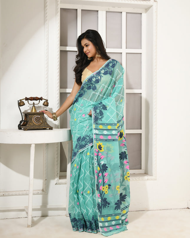 dB DESH BIDESH Women's Jamdani Sarees For Women for Party Festival Wear Kusumlata Design Soft Cotton Linen saree for woman Without Blouse piece (Firoza)