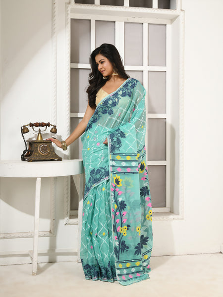 dB DESH BIDESH Women's Jamdani Sarees For Women for Party Festival Wear Kusumlata Design Soft Cotton Linen saree for woman Without Blouse piece (Firoza)