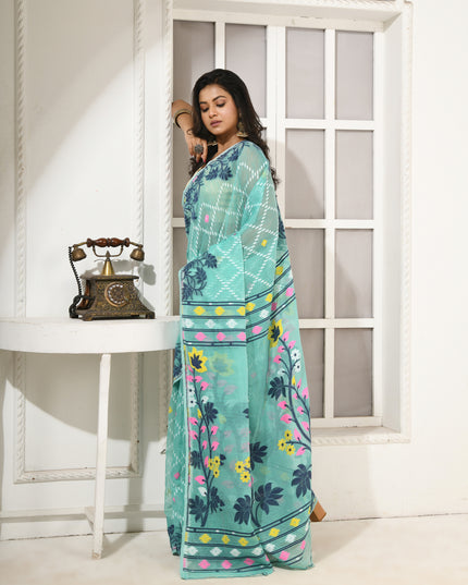 dB DESH BIDESH Women's Jamdani Sarees For Women for Party Festival Wear Kusumlata Design Soft Cotton Linen saree for woman Without Blouse piece (Firoza)