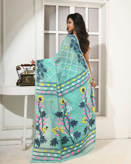 dB DESH BIDESH Women's Jamdani Sarees For Women for Party Festival Wear Kusumlata Design Soft Cotton Linen saree for woman Without Blouse piece (Firoza)