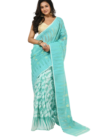 dB DESH BIDESH Women's Traditional Bengal Soft Cotton Silk Jamdani Sarees For Women Tentullata Design Cotton saree for woman Without Blouse piece | Ethnic Wear Sari (Firoza White)