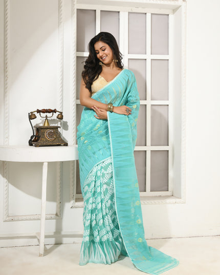 dB DESH BIDESH Women's Traditional Bengal Soft Cotton Silk Jamdani Sarees For Women Tentullata Design Cotton saree for woman Without Blouse piece | Ethnic Wear Sari (Firoza White)