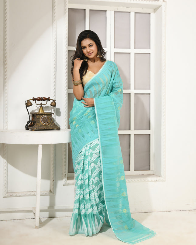 dB DESH BIDESH Women's Traditional Bengal Soft Cotton Silk Jamdani Sarees For Women Tentullata Design Cotton saree for woman Without Blouse piece | Ethnic Wear Sari (Firoza White)