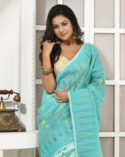 dB DESH BIDESH Women's Traditional Bengal Soft Cotton Silk Jamdani Sarees For Women Tentullata Design Cotton saree for woman Without Blouse piece | Ethnic Wear Sari (Firoza White)