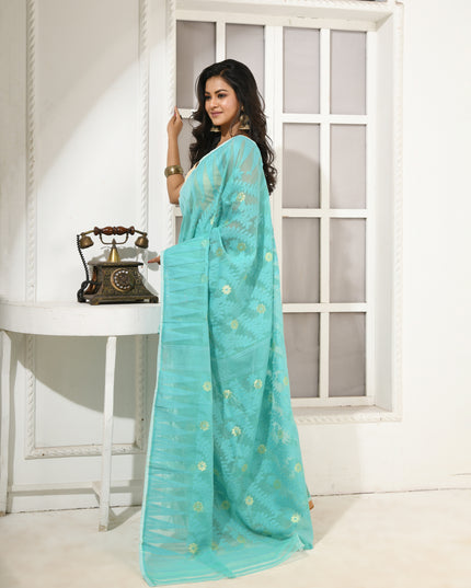 dB DESH BIDESH Women's Traditional Bengal Soft Cotton Silk Jamdani Sarees For Women Tentullata Design Cotton saree for woman Without Blouse piece | Ethnic Wear Sari (Firoza White)