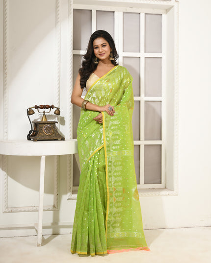 dB DESH BIDESH Women's Soft Cotton Silk Jamdani Sarees For Women for Party Festival Wedding Silk Saree GlamQueen Gold Work Design Without Blouse piece (Light Green)