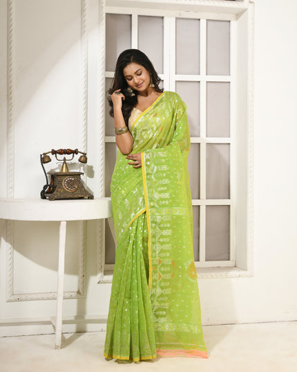 dB DESH BIDESH Women's Soft Cotton Silk Jamdani Sarees For Women for Party Festival Wedding Silk Saree GlamQueen Gold Work Design Without Blouse piece (Light Green)