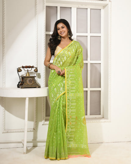 dB DESH BIDESH Women's Soft Cotton Silk Jamdani Sarees For Women for Party Festival Wedding Silk Saree GlamQueen Gold Work Design Without Blouse piece (Light Green)