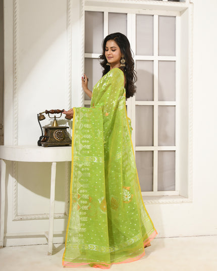 dB DESH BIDESH Women's Soft Cotton Silk Jamdani Sarees For Women for Party Festival Wedding Silk Saree GlamQueen Gold Work Design Without Blouse piece (Light Green)