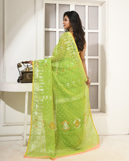 dB DESH BIDESH Women's Soft Cotton Silk Jamdani Sarees For Women for Party Festival Wedding Silk Saree GlamQueen Gold Work Design Without Blouse piece (Light Green)